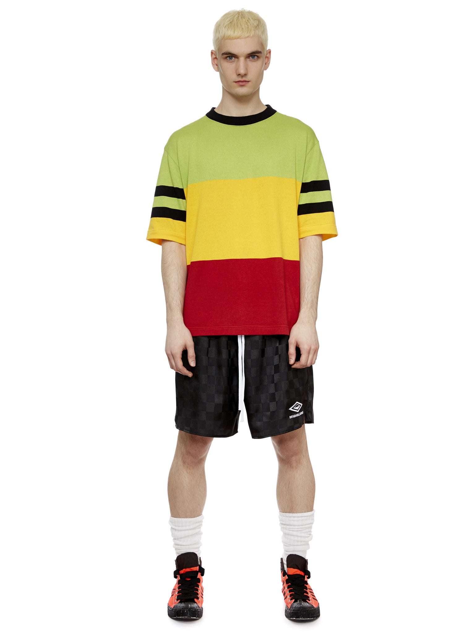 S/S Surf T-Shirt in Green, Yellow, Red and Black Stripe